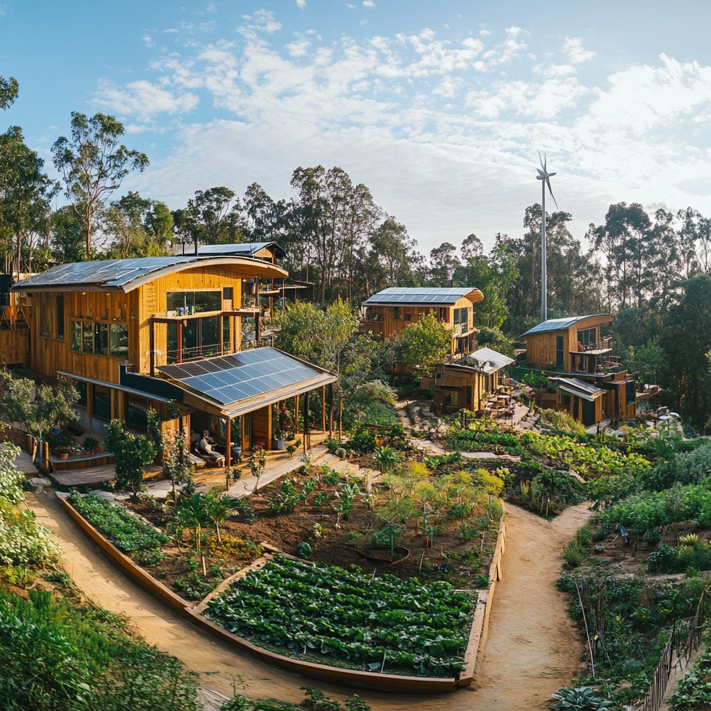 A picturesque eco-friendly retreat nestled in the mountains, featuring wooden cabins powered by solar panels and surrounded by lush organic gardens. A wind turbine stands tall in the background, highlighting the commitment to renewable energy and sustainable living. This serene setting exemplifies eco-friendly travelling, offering a perfect blend of comfort and environmental responsibility.