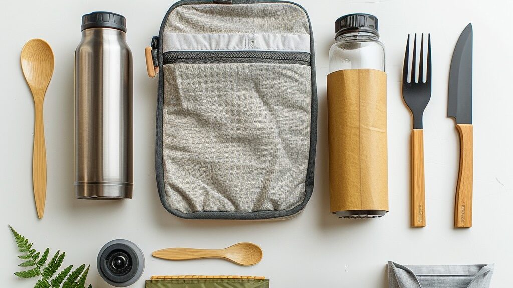 A neatly arranged flat lay of sustainable travel essentials, including reusable bamboo cutlery, stainless steel water bottles, an eco-friendly toiletry kit, and a fabric travel pouch. The thoughtfully selected items promote eco-friendly travelling, reducing waste and encouraging a sustainable lifestyle on the go.