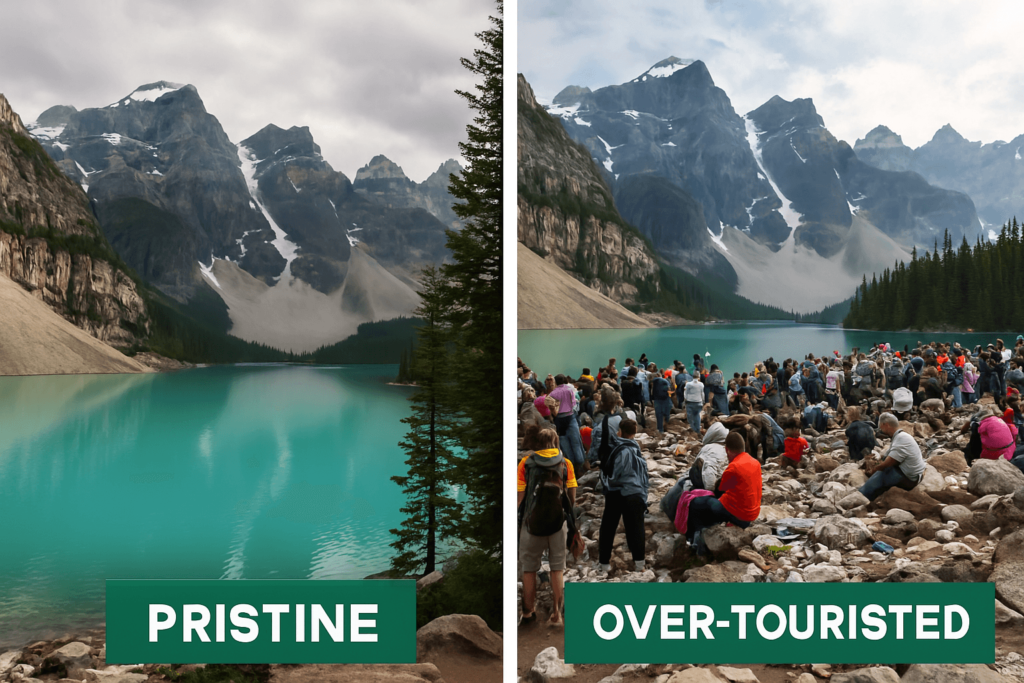Moraine Lake: A stunning natural wonder overwhelmed by over-tourism A side-by-side comparison of Moraine Lake in Banff National Park. The left image shows a pristine, untouched landscape with a turquoise lake, towering mountains, and no human presence. The right image, labeled 'Over-Touristed,' depicts the same location overcrowded with tourists, sitting and walking on the rocky shoreline, highlighting the impact of mass tourism.