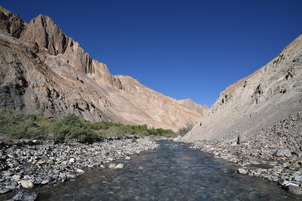 A pristine glacial stream flows through a rocky valley surrounded by stark, arid mountains under a clear blue sky—an untouched scene from the Top 10 Treks in India for Sustainable Travel, perfect for eco-conscious explorers seeking raw Himalayan wilderness.