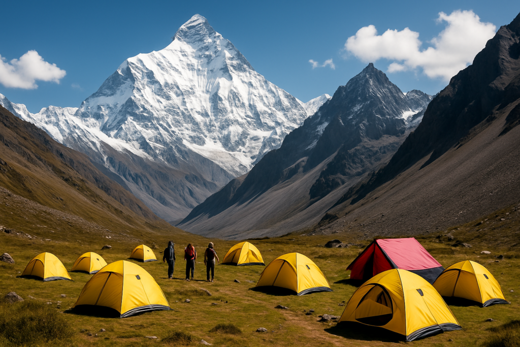 A high-resolution photograph of Nanda Devi Base Camp, featuring a line of bright yellow tents pitched on a grassy alpine meadow surrounded by towering, rugged mountain slopes. In the background, the snow-covered peak of Nanda Devi rises sharply under a clear blue sky, while three trekkers walk toward the mountain, adding a sense of scale and adventure to the scene.